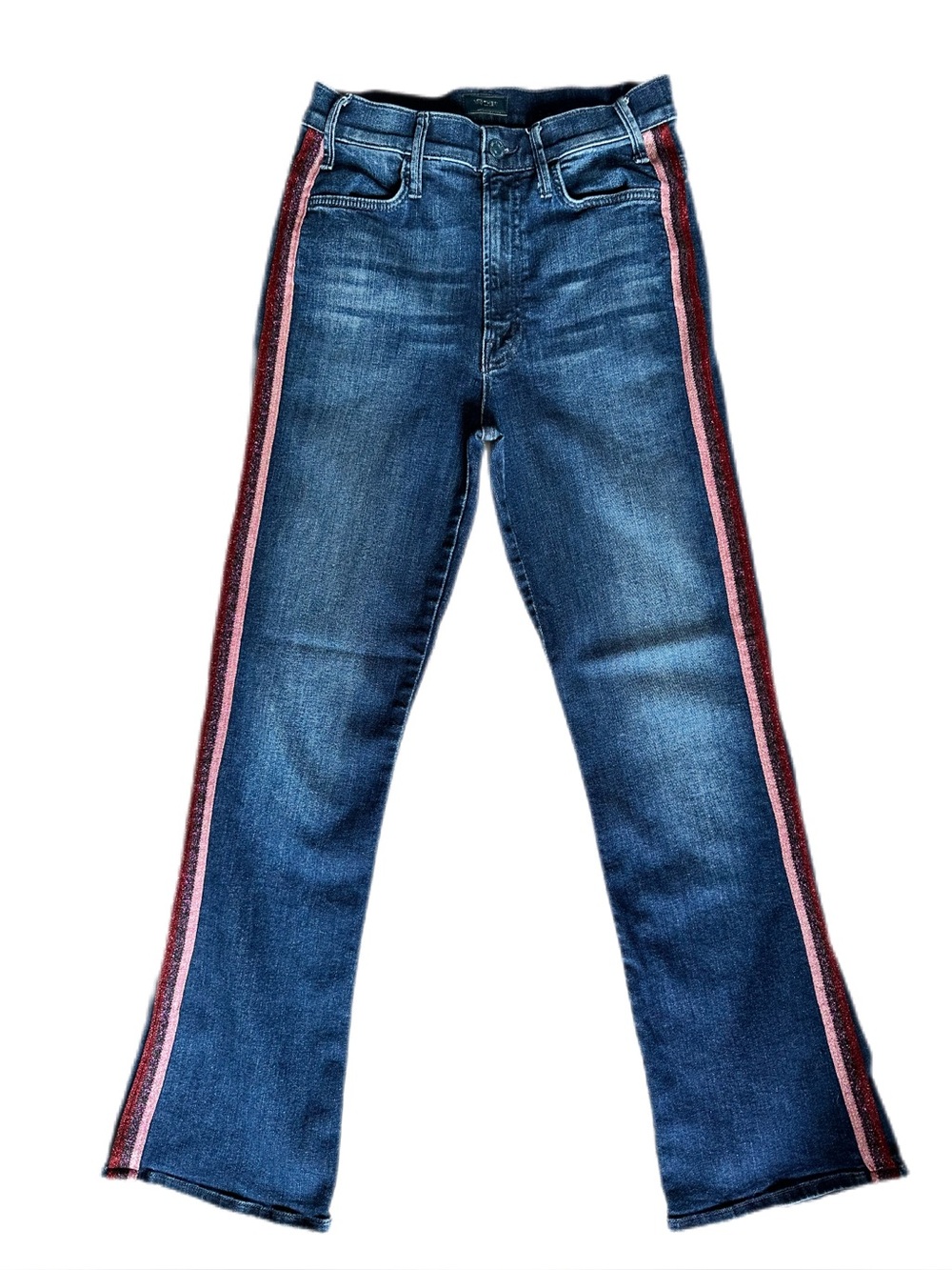 MOTHER The Hustler Ankle Here Kitty Kitty Glitter Racer Stripe Jeans 27